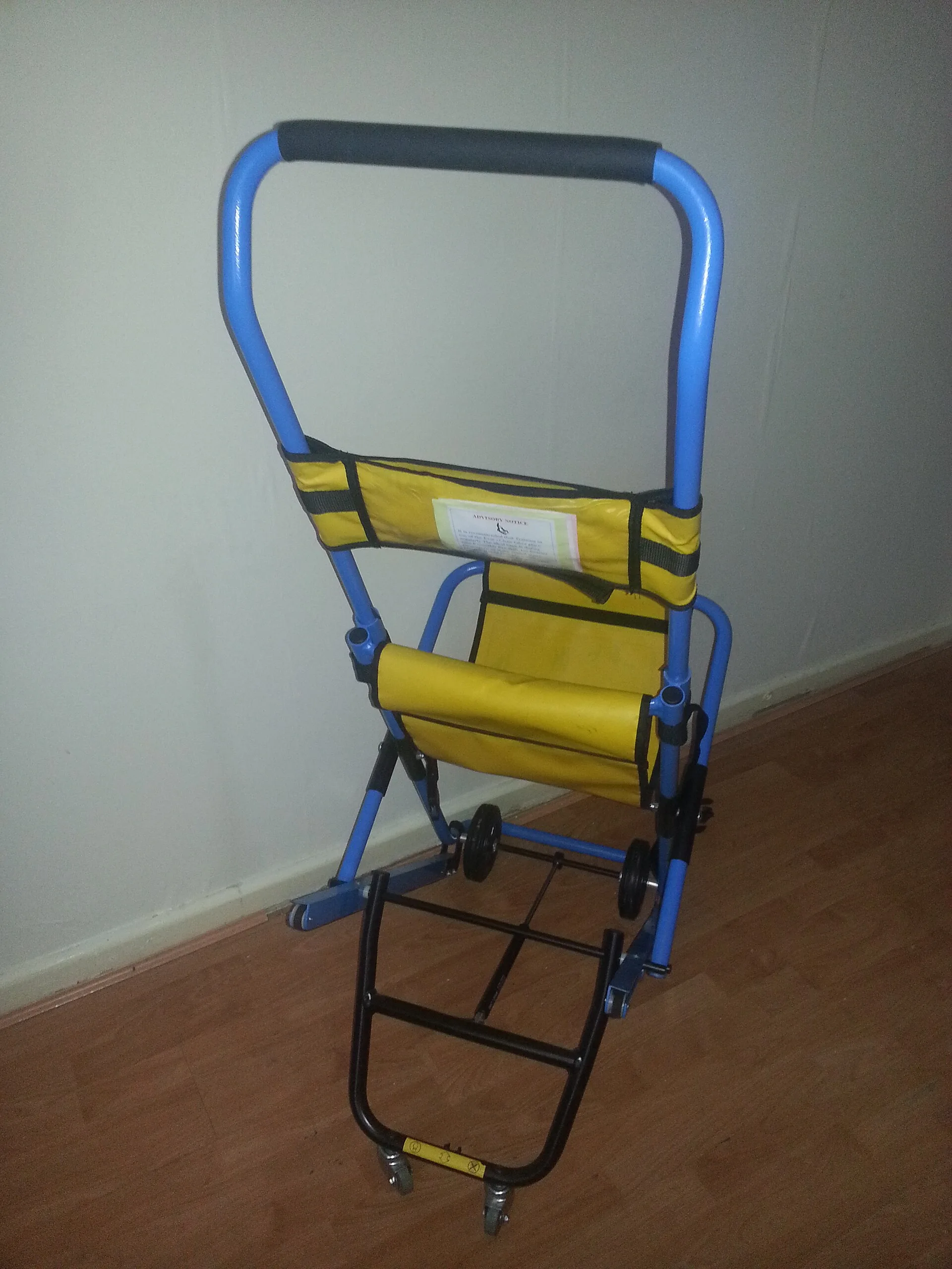 Folding stair evacuation chair with blue frame and yellow seat