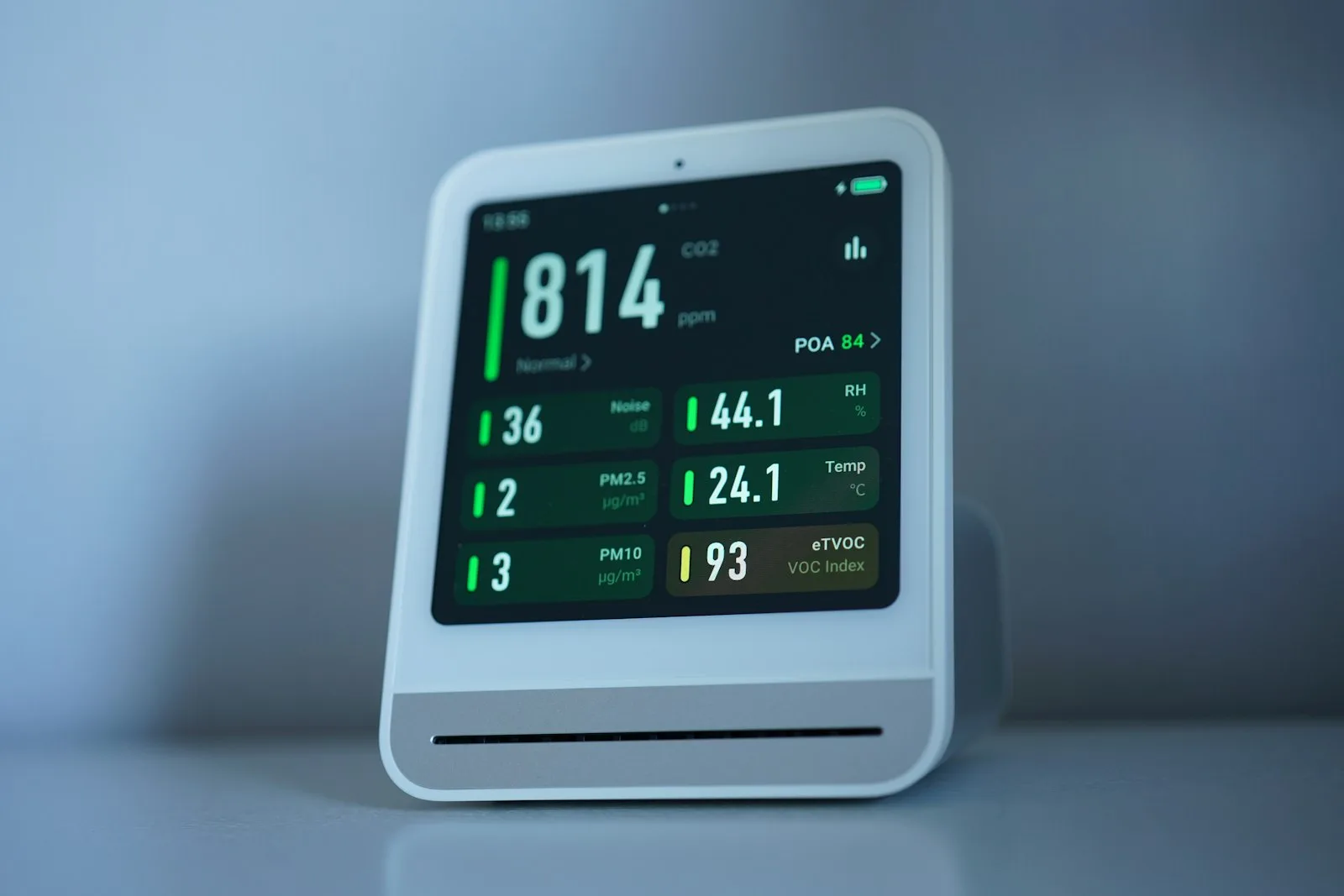 Desktop indoor air quality monitor displaying CO2, PM2.5, PM10, TVOC, temperature and humidity readings