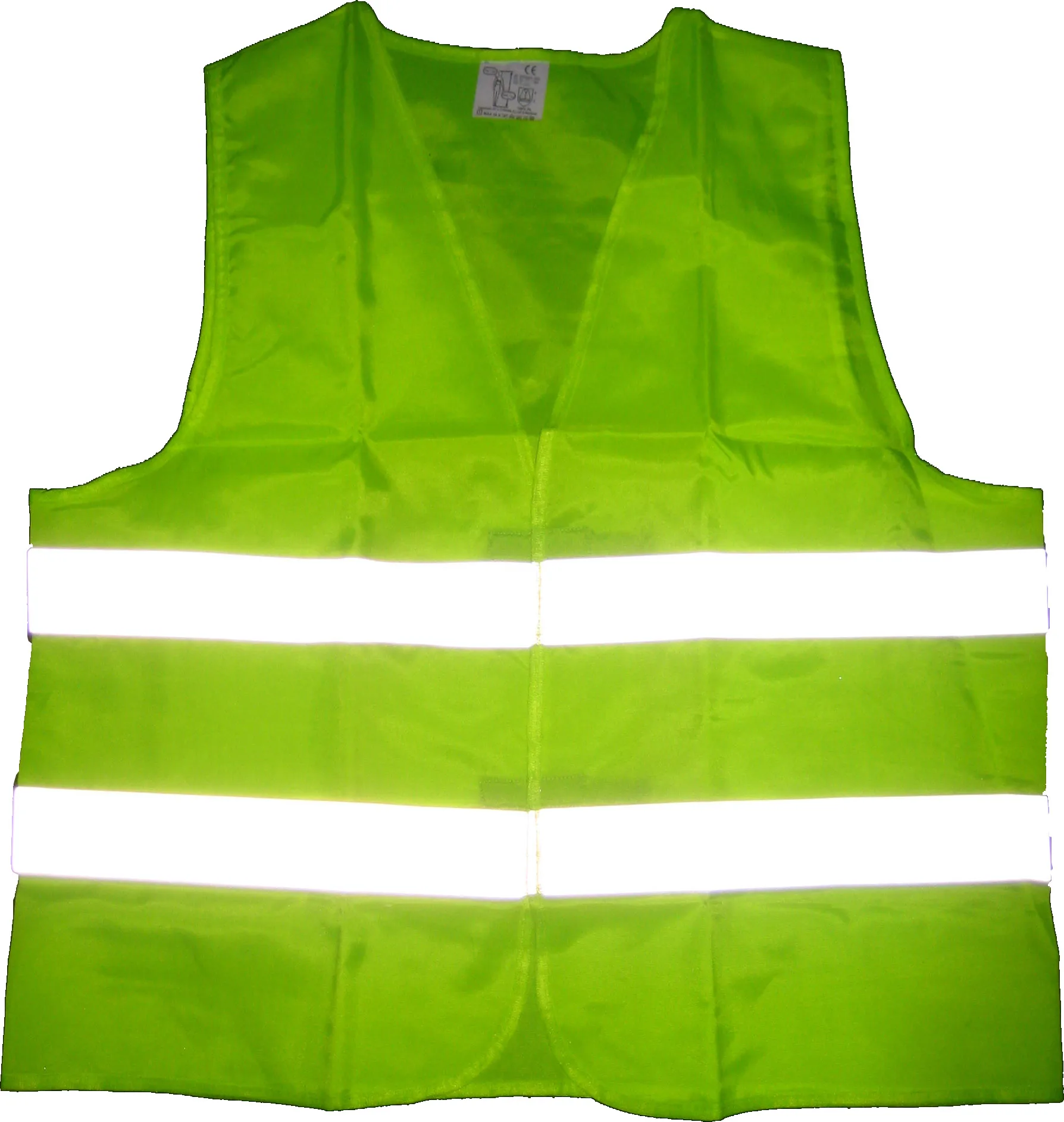 Fluorescent yellow high-visibility vest with two reflective bands on a white background