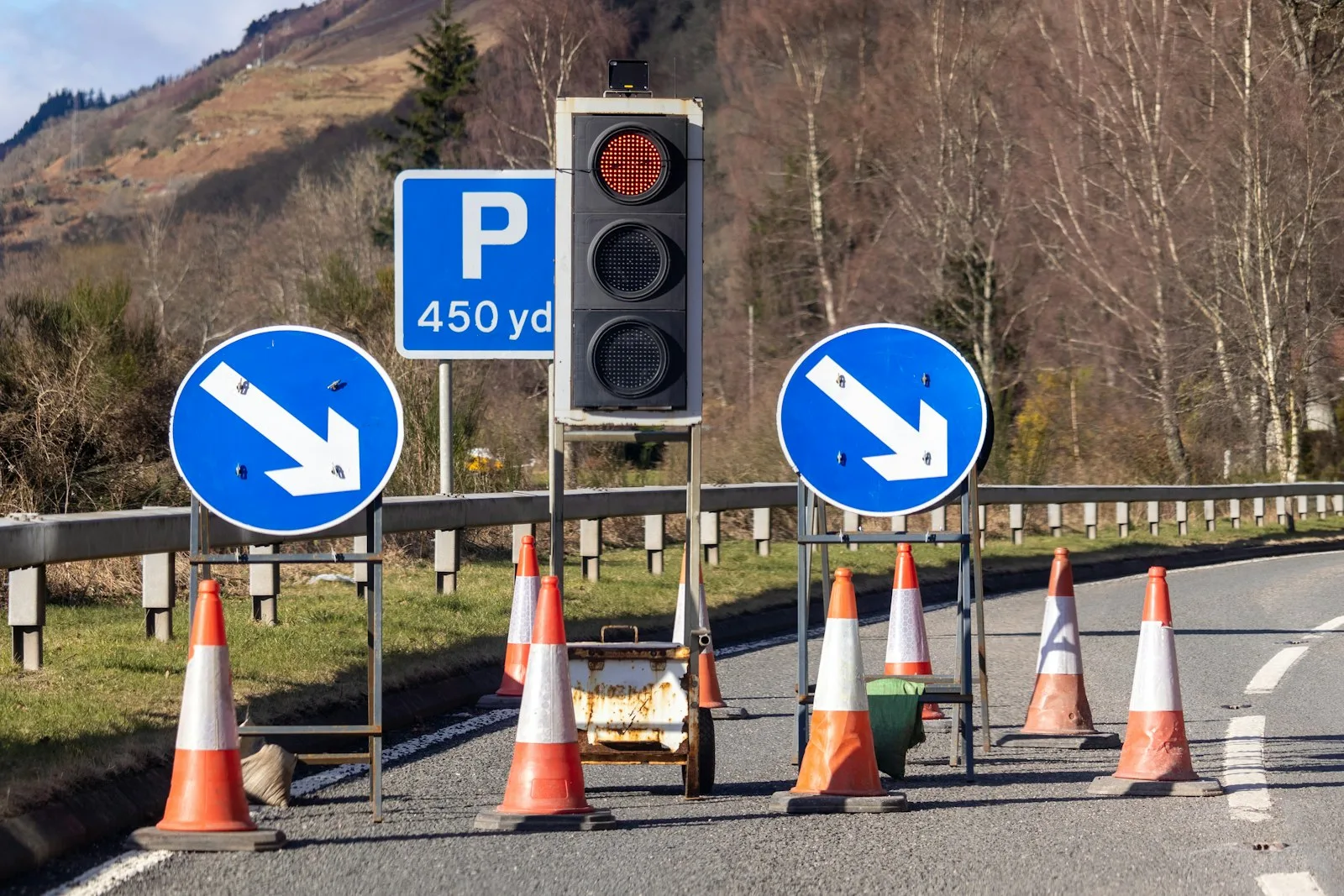 Line of traffic cones with keep-left signs and temporary traffic light at road works